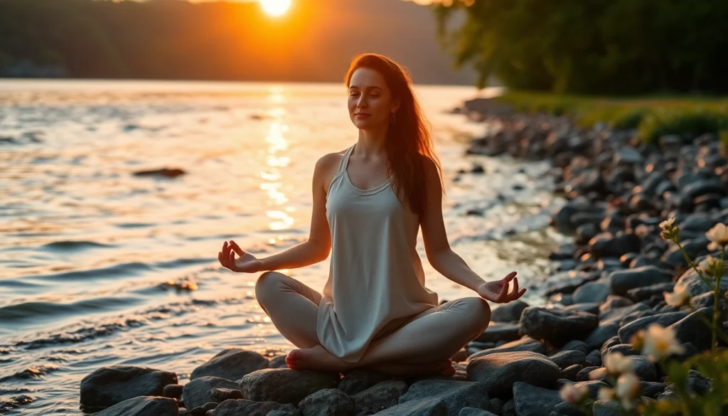 Woman practicing Healing Meditation for Grief by a tranquil riverbank at sunset.