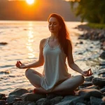 Woman practicing Healing Meditation for Grief by a tranquil riverbank at sunset.