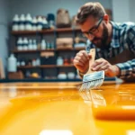 Applying laminating resin to fiberglass sheets in a bright workshop setting.