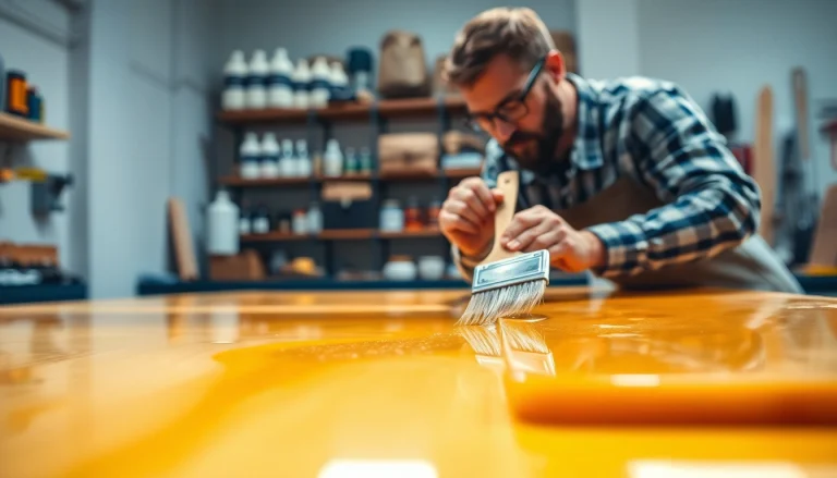 Applying laminating resin to fiberglass sheets in a bright workshop setting.