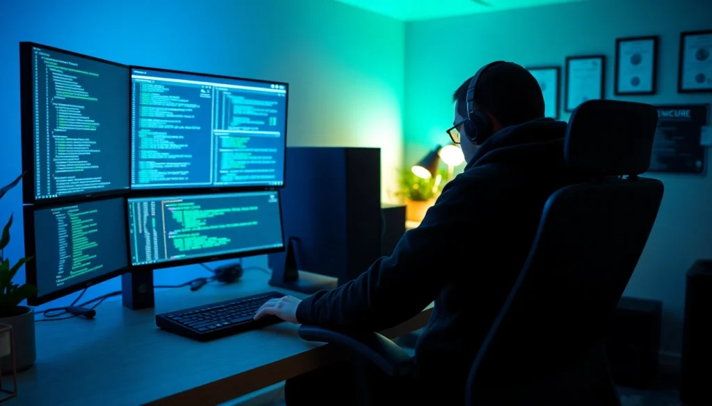 Ethical Hacking in a tech-savvy office with monitors displaying security analytics.