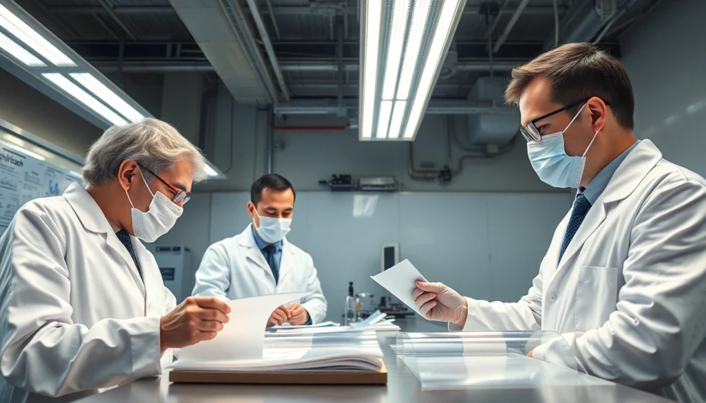 Examine https://www.makobond.com/adhesives-films adhesive films in a lab setting with technicians analyzing results.