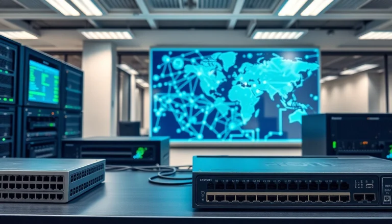 Visualize a network infrastructure setup showing high-tech devices and connectivity solutions.