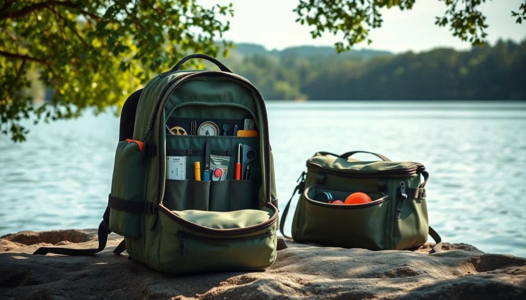 Fly fishing backpack showcasing organization for tackle near a tranquil lakeside setting.