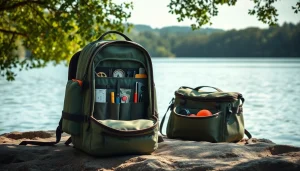 Fly fishing backpack showcasing organization for tackle near a tranquil lakeside setting.