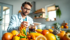 Showcasing vitamin boosters for health benefits with colorful capsules and fresh produce.