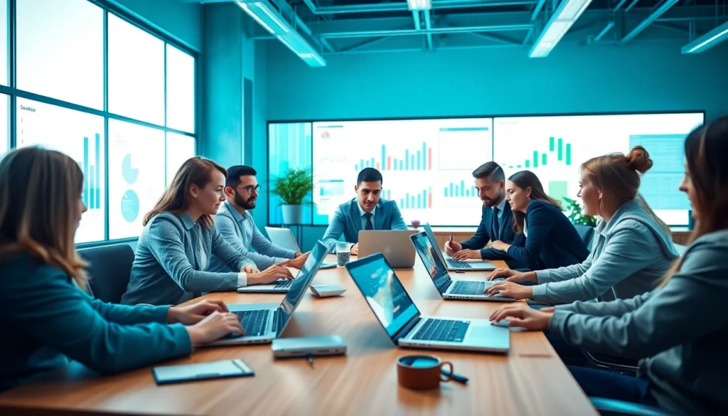 Engaged team utilizing ai for competitive intelligence in a modern workspace with digital data visuals.