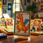 Showcasing real pokemon cards including a Charizard set against a nostalgic gaming backdrop.