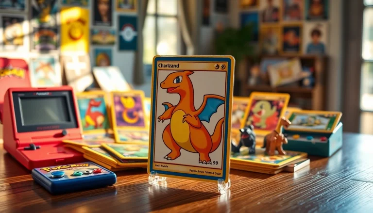 Showcasing real pokemon cards including a Charizard set against a nostalgic gaming backdrop.