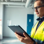 Fire extinguisher service technician inspecting equipment in a modern office environment.
