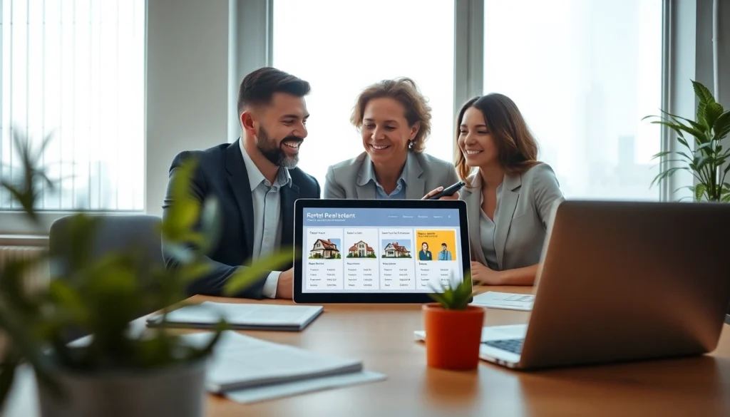 Showcasing rental property management in a professional office with engaged clients and modern tools.