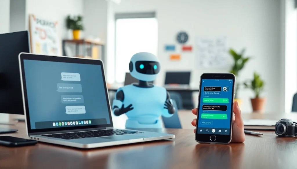 Engage with a chatgpt chatbot on various devices in a bright, dynamic office setup.