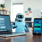 Engage with a chatgpt chatbot on various devices in a bright, dynamic office setup.