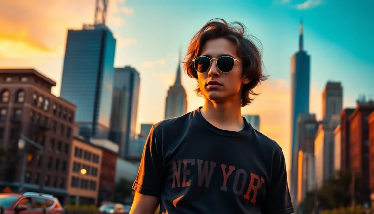 Young adult showcasing a john lennon new york shirt against a vibrant NYC skyline.