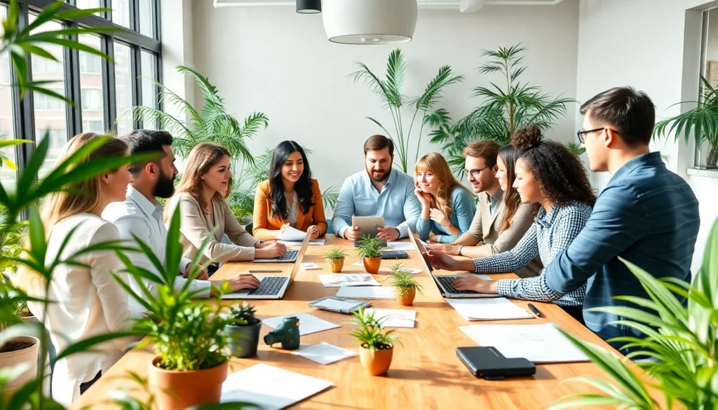 Engaged team at a cannabis marketing agency brainstorming innovative strategies in a bright office.