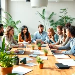 Engaged team at a cannabis marketing agency brainstorming innovative strategies in a bright office.
