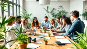 Engaged team at a cannabis marketing agency brainstorming innovative strategies in a bright office.