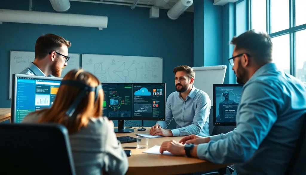 Illustration of cloud infrastructure and DevOps services with a collaborative team in a modern office.