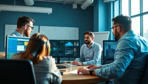Illustration of cloud infrastructure and DevOps services with a collaborative team in a modern office.