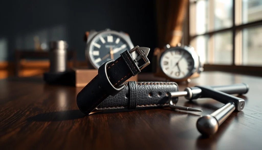 Showcase an 18mm watch strap with rich textures on a wooden surface next to a luxury watch.