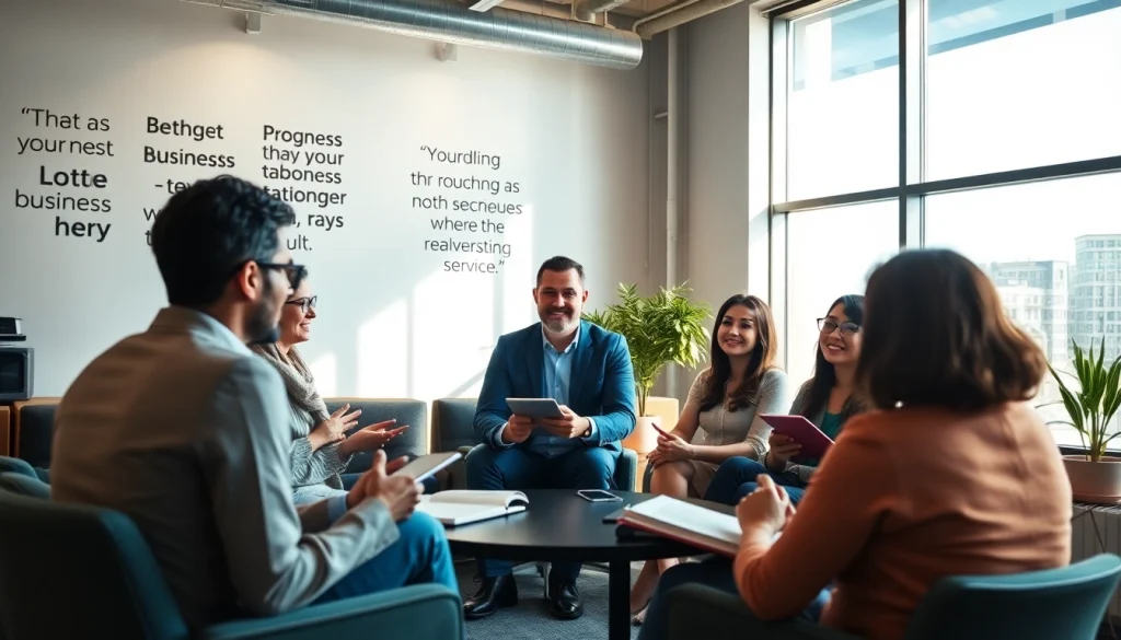 Engage in a dynamic business coaching service session with professionals collaborating in a bright office.