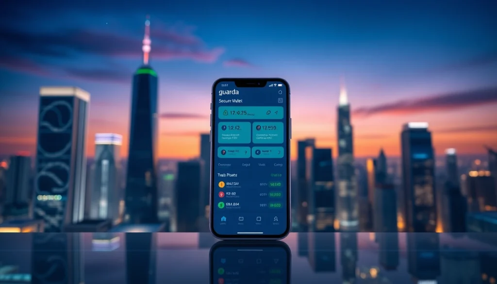 View of the guarda wallet interface on a smartphone against a futuristic skyline, showcasing its secure features.