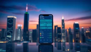 View of the guarda wallet interface on a smartphone against a futuristic skyline, showcasing its secure features.