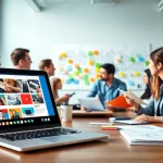 Engaging scene of a team collaborating in web design and SEO services office.