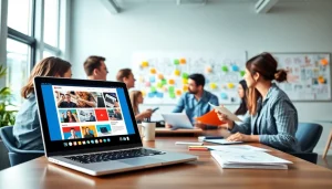 Engaging scene of a team collaborating in web design and SEO services office.