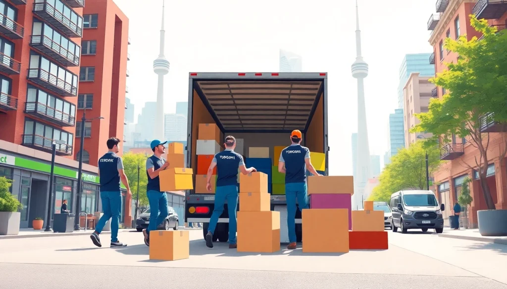 Streamlined Toronto moving services by a professional team loading furniture in a busy neighborhood.