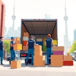 Streamlined Toronto moving services by a professional team loading furniture in a busy neighborhood.