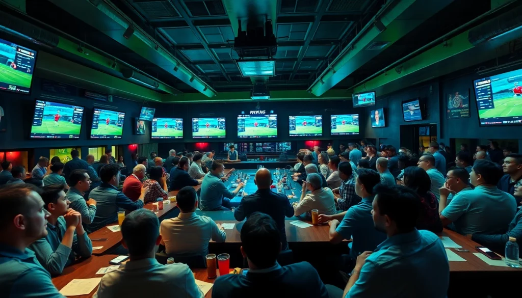 Sites paris sportifs : Engaged fans placing bets in a lively sports bar setting.
