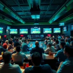 Sites paris sportifs : Engaged fans placing bets in a lively sports bar setting.