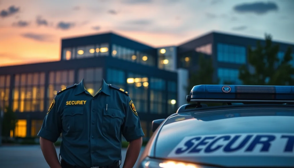 Security guard conducting Key Holding & Mobile Patrols at a commercial property at dusk.