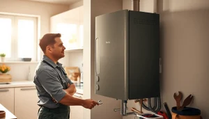 Skilled boiler installer bristol performing installation in a stylish kitchen with modern decor.