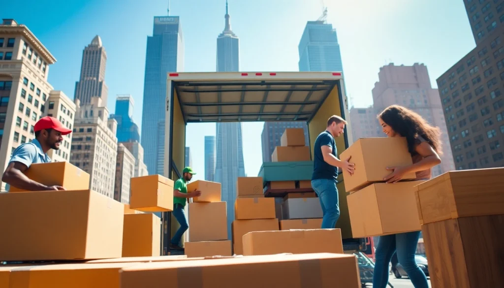 Packing and loading moving truck by cheap movers nyc in bright NYC setting.