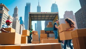 Packing and loading moving truck by cheap movers nyc in bright NYC setting.