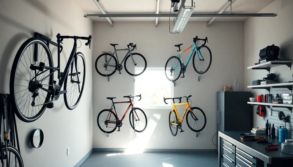 Showcasing wall-mounted bike storage to maximize garage space with stylish organization.