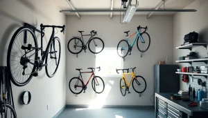 Showcasing wall-mounted bike storage to maximize garage space with stylish organization.