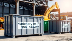 Kontenery na gruz Katowice w profesjonalnym otoczeniu budowlanym, oferujące wynajem.