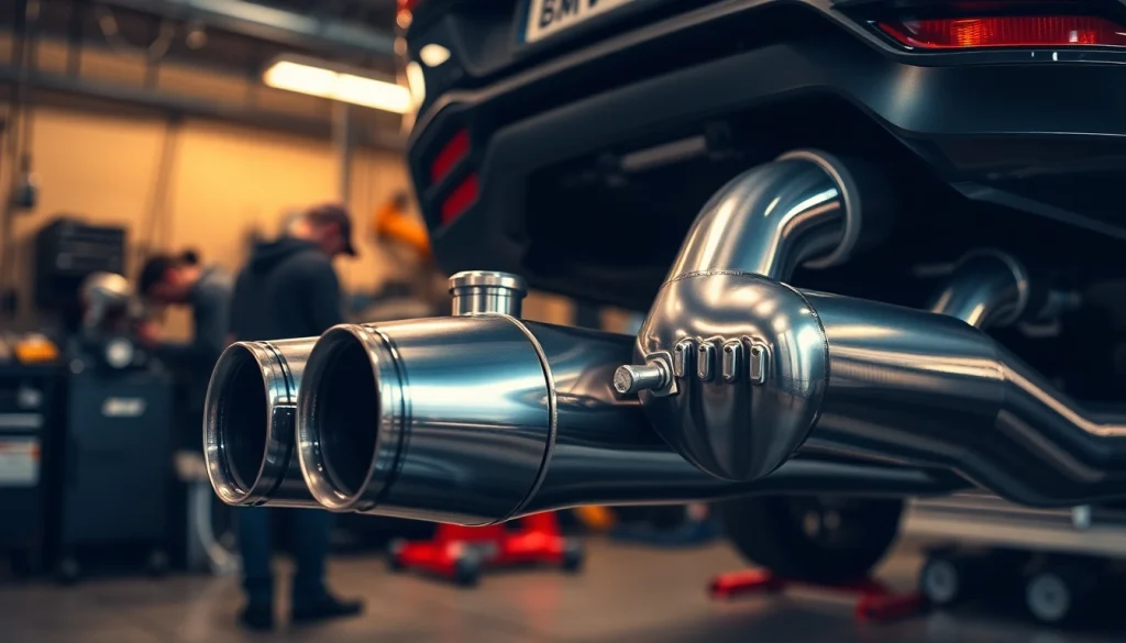 Showcase of G82 Valved exhaust system demonstrating chrome finish and craftsmanship in an automotive workshop.