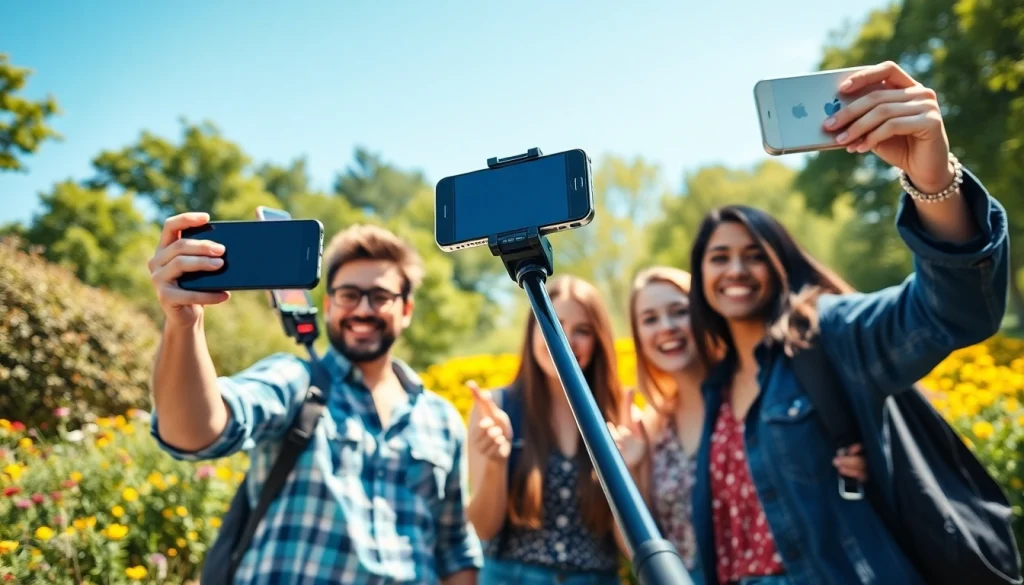 Capturing joyful moments with a Selfie Stick in an outdoor setting.
