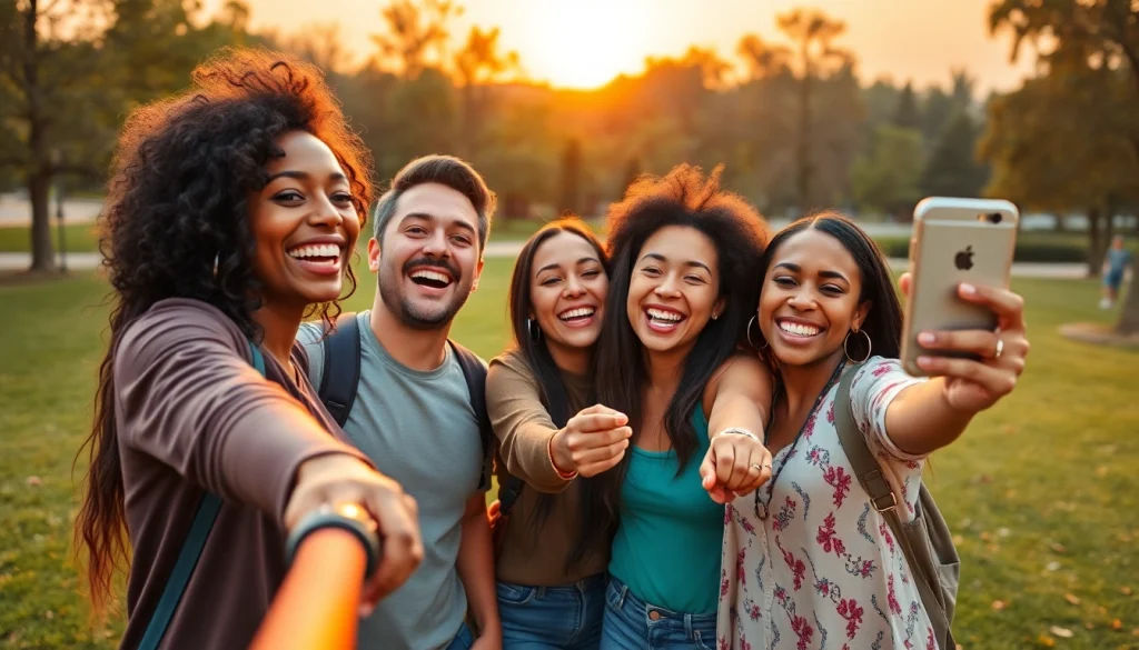 Friends taking a group selfie with a Selfie Stick in a scenic park
