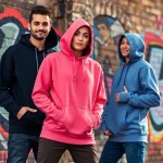 Model showcasing high quality blank hoodies in an urban backdrop with graffiti art.