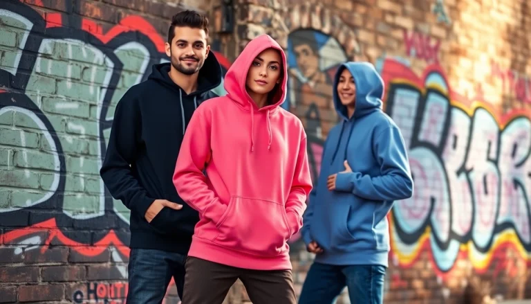 Model showcasing high quality blank hoodies in an urban backdrop with graffiti art.