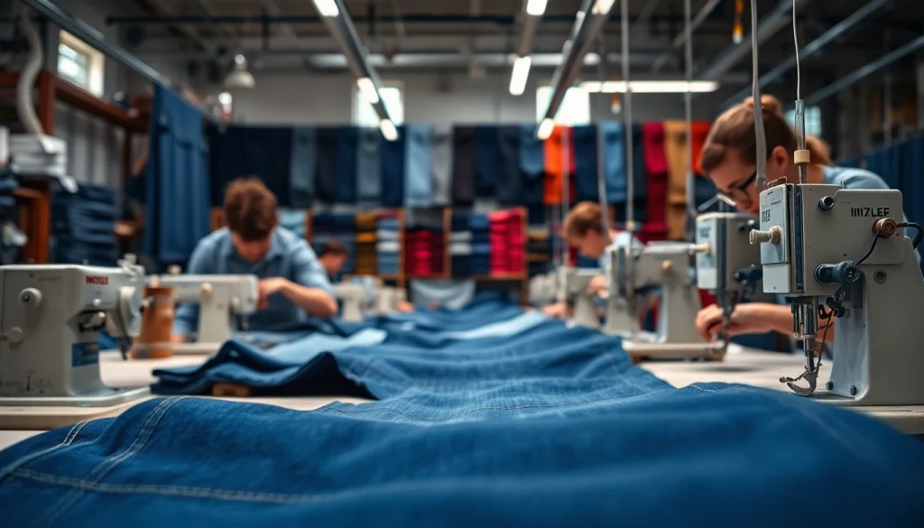 Showcase of jeans factory manufacturers producing high-quality denim apparel in a vibrant environment.
