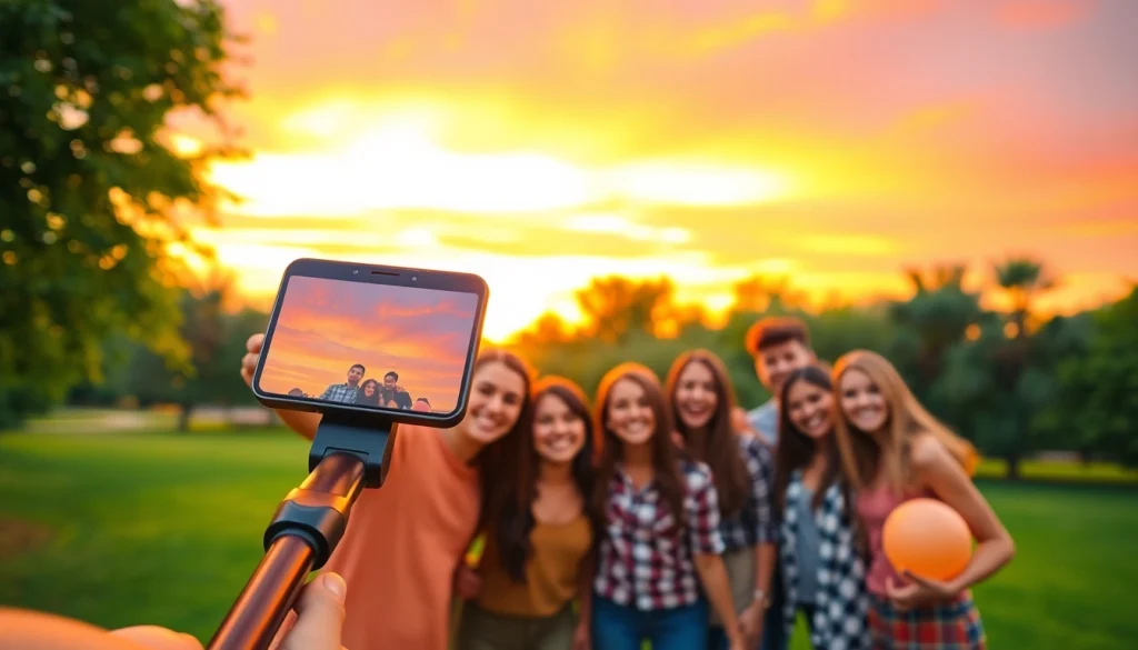 Capture moments with a versatile selfie stick extending towards a sunset picnic.