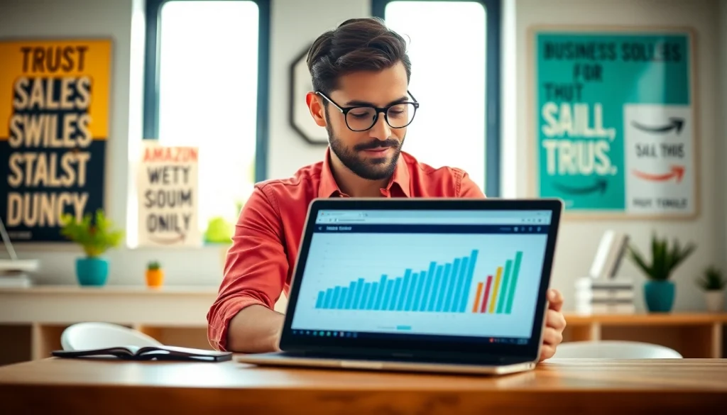 Seller preparing for selling wholesale on amazon with sales data analysis in a bright office environment.