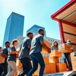 Team of Cheap movers nyc handling boxes professionally in a bustling urban setting.