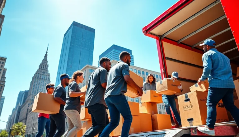 Team of Cheap movers nyc handling boxes professionally in a bustling urban setting.